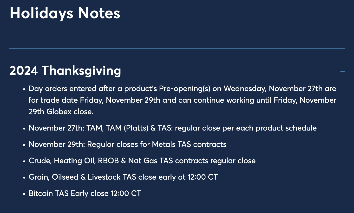 CME Group Globex - Thanksgiving Holiday Schedule - November 27-29 2024 - Notes